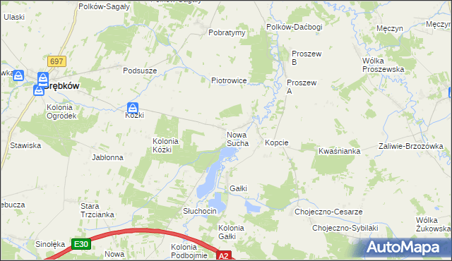 mapa Nowa Sucha gmina Grębków, Nowa Sucha gmina Grębków na mapie Targeo