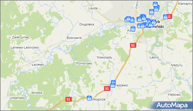 mapa Nowosady gmina Lidzbark Warmiński, Nowosady gmina Lidzbark Warmiński na mapie Targeo
