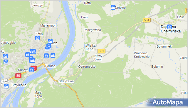 mapa Nowy Dwór gmina Dąbrowa Chełmińska, Nowy Dwór gmina Dąbrowa Chełmińska na mapie Targeo