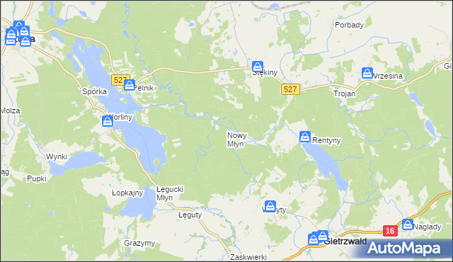 mapa Nowy Młyn gmina Gietrzwałd, Nowy Młyn gmina Gietrzwałd na mapie Targeo
