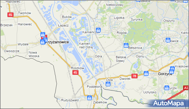 mapa Odra gmina Gorzyce, Odra gmina Gorzyce na mapie Targeo