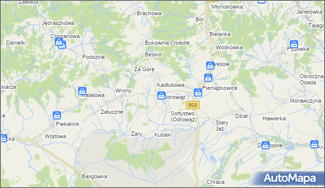 mapa Odrowąż gmina Czarny Dunajec, Odrowąż gmina Czarny Dunajec na mapie Targeo