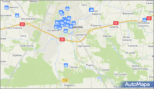 mapa Ogonowice gmina Opoczno, Ogonowice gmina Opoczno na mapie Targeo