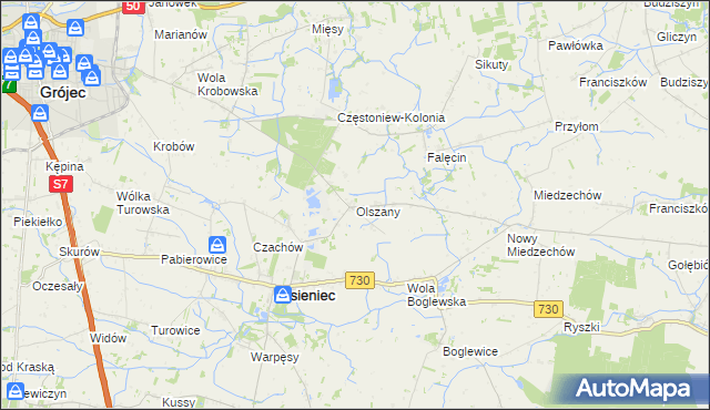 mapa Olszany gmina Jasieniec, Olszany gmina Jasieniec na mapie Targeo