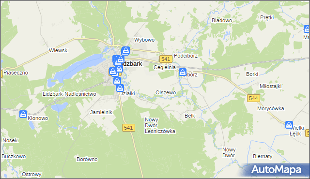 mapa Olszewo gmina Lidzbark, Olszewo gmina Lidzbark na mapie Targeo