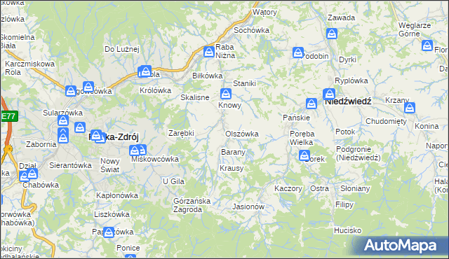 mapa Olszówka gmina Mszana Dolna, Olszówka gmina Mszana Dolna na mapie Targeo