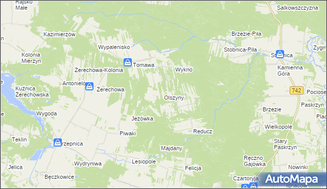 mapa Olszyny gmina Łęki Szlacheckie, Olszyny gmina Łęki Szlacheckie na mapie Targeo