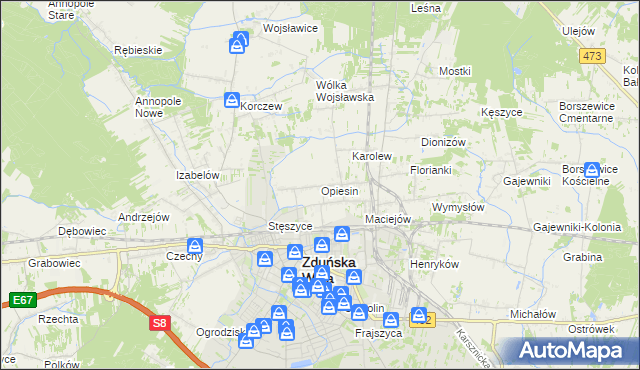 mapa Opiesin gmina Zduńska Wola, Opiesin gmina Zduńska Wola na mapie Targeo