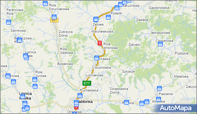 mapa Orawka gmina Jabłonka, Orawka gmina Jabłonka na mapie Targeo