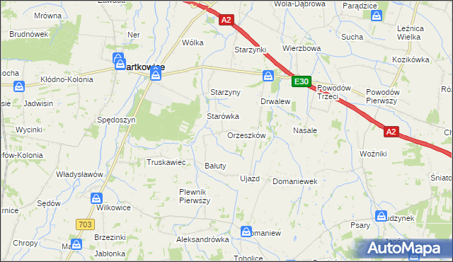 mapa Orzeszków gmina Wartkowice, Orzeszków gmina Wartkowice na mapie Targeo