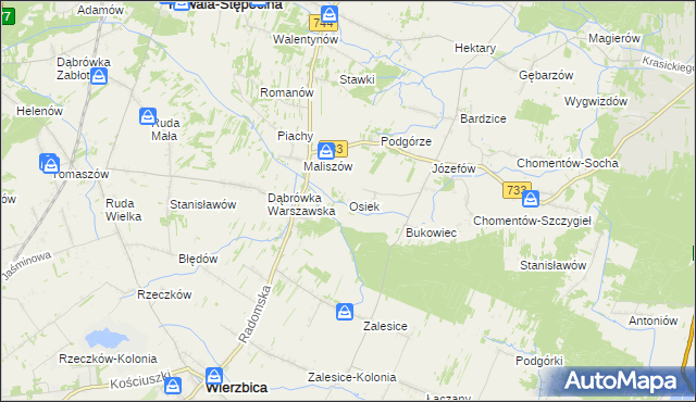 mapa Osiek gmina Kowala, Osiek gmina Kowala na mapie Targeo