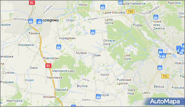 mapa Osiek gmina Koziegłowy, Osiek gmina Koziegłowy na mapie Targeo