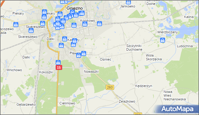 mapa Osiniec gmina Gniezno, Osiniec gmina Gniezno na mapie Targeo