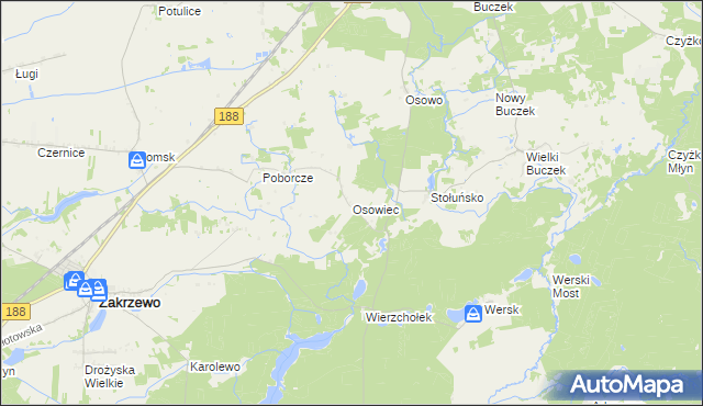 mapa Osowiec gmina Zakrzewo, Osowiec gmina Zakrzewo na mapie Targeo