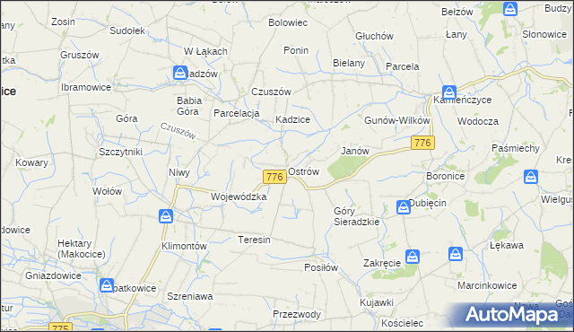 mapa Ostrów gmina Proszowice, Ostrów gmina Proszowice na mapie Targeo