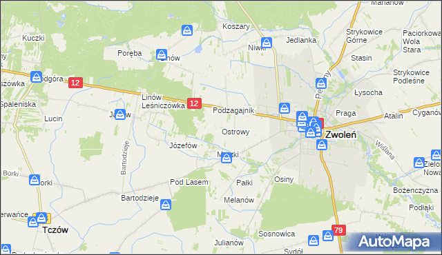 mapa Ostrowy gmina Zwoleń, Ostrowy gmina Zwoleń na mapie Targeo