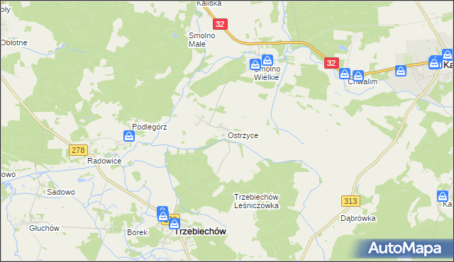 mapa Ostrzyce gmina Trzebiechów, Ostrzyce gmina Trzebiechów na mapie Targeo
