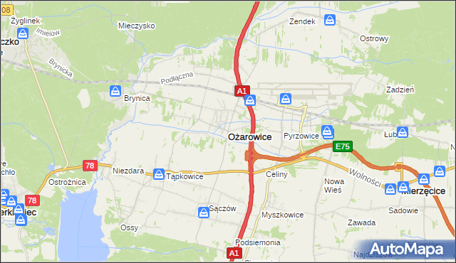 mapa Ożarowice, Ożarowice na mapie Targeo