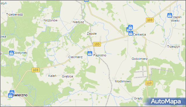 mapa Paprotno gmina Karnice, Paprotno gmina Karnice na mapie Targeo