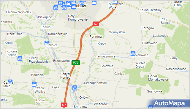 mapa Parkoszowice gmina Miechów, Parkoszowice gmina Miechów na mapie Targeo