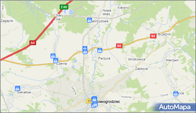 mapa Parzyce gmina Nowogrodziec, Parzyce gmina Nowogrodziec na mapie Targeo