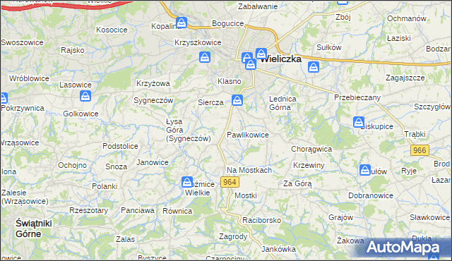 mapa Pawlikowice gmina Wieliczka, Pawlikowice gmina Wieliczka na mapie Targeo