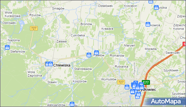 mapa Pawłów gmina Chlewiska, Pawłów gmina Chlewiska na mapie Targeo
