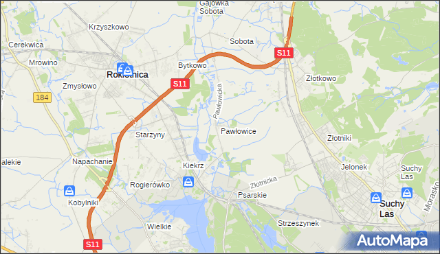 mapa Pawłowice gmina Rokietnica, Pawłowice gmina Rokietnica na mapie Targeo