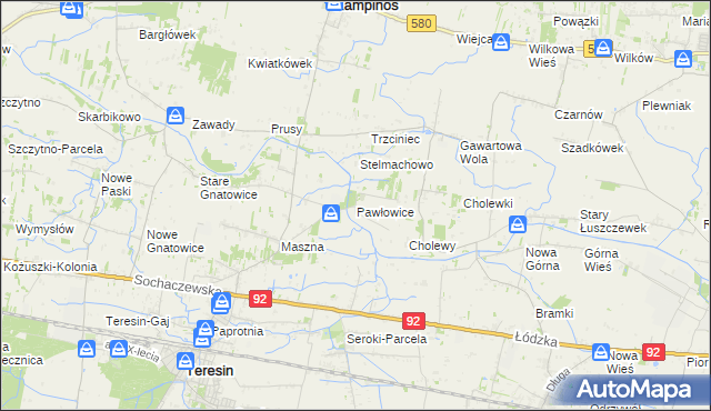 mapa Pawłowice gmina Teresin, Pawłowice gmina Teresin na mapie Targeo