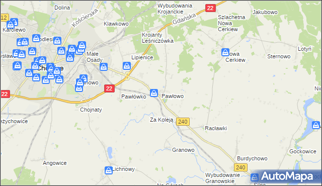 mapa Pawłowo gmina Chojnice, Pawłowo gmina Chojnice na mapie Targeo