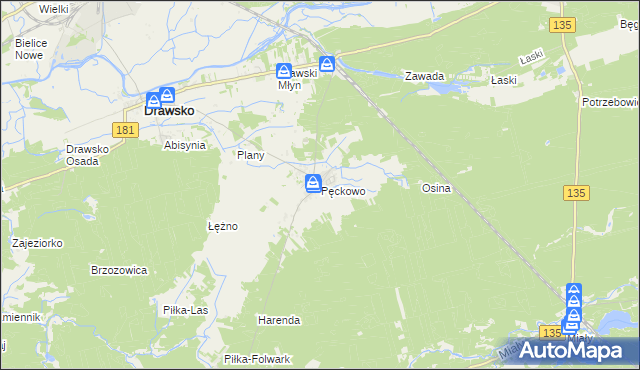mapa Pęckowo gmina Drawsko, Pęckowo gmina Drawsko na mapie Targeo