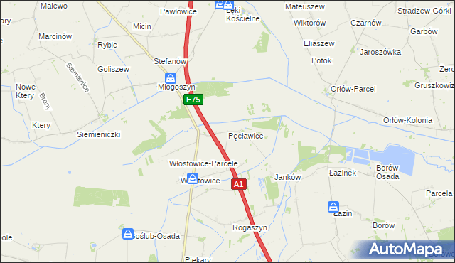 mapa Pęcławice gmina Piątek, Pęcławice gmina Piątek na mapie Targeo