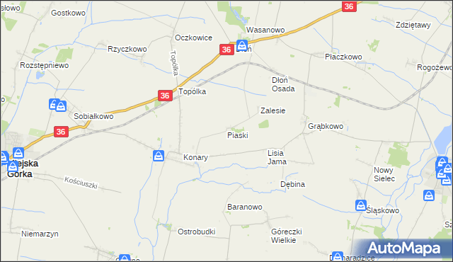 mapa Piaski gmina Miejska Górka, Piaski gmina Miejska Górka na mapie Targeo