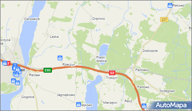 mapa Piaski Wielkie gmina Wolin, Piaski Wielkie gmina Wolin na mapie Targeo