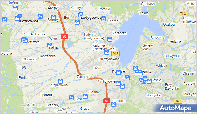 mapa Pietrzykowice gmina Łodygowice, Pietrzykowice gmina Łodygowice na mapie Targeo