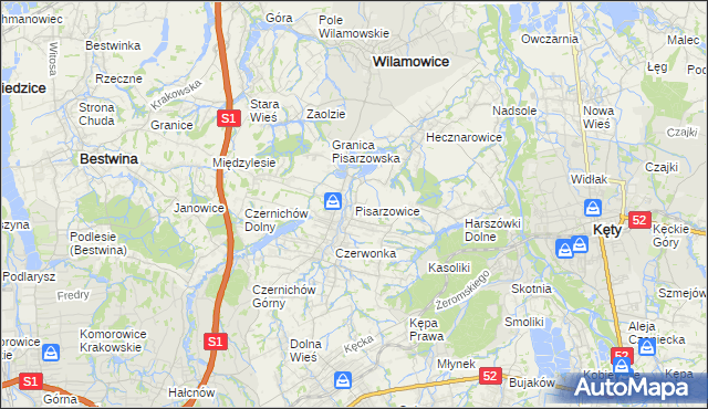 mapa Pisarzowice gmina Wilamowice, Pisarzowice gmina Wilamowice na mapie Targeo