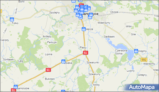 mapa Plęsy gmina Bartoszyce, Plęsy gmina Bartoszyce na mapie Targeo