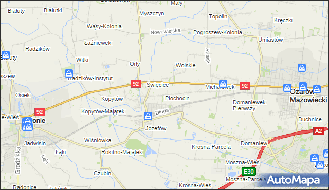 mapa Płochocin gmina Ożarów Mazowiecki, Płochocin gmina Ożarów Mazowiecki na mapie Targeo