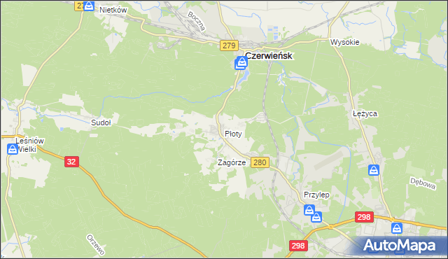 mapa Płoty gmina Czerwieńsk, Płoty gmina Czerwieńsk na mapie Targeo