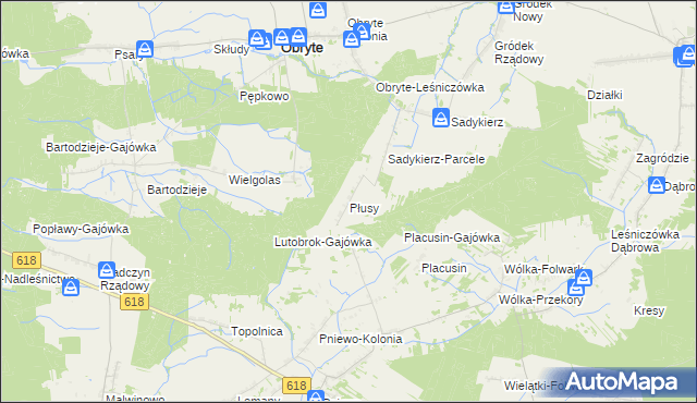 mapa Płusy gmina Obryte, Płusy gmina Obryte na mapie Targeo