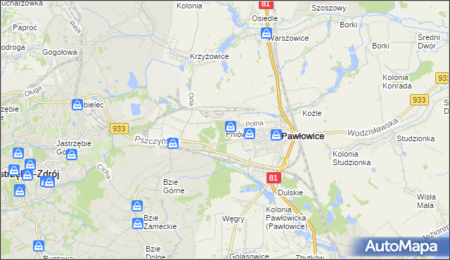 mapa Pniówek gmina Pawłowice, Pniówek gmina Pawłowice na mapie Targeo