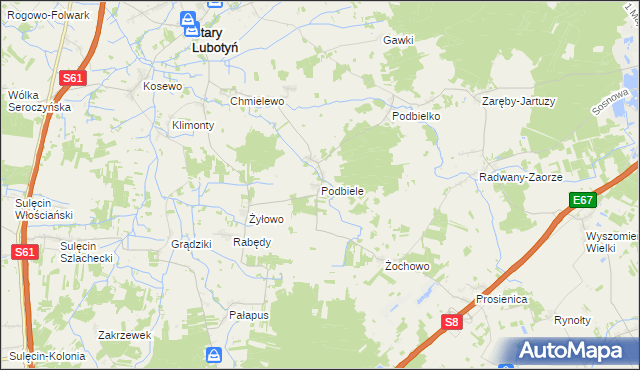 mapa Podbiele gmina Stary Lubotyń, Podbiele gmina Stary Lubotyń na mapie Targeo