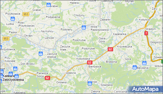 mapa Podchybie gmina Lanckorona, Podchybie gmina Lanckorona na mapie Targeo