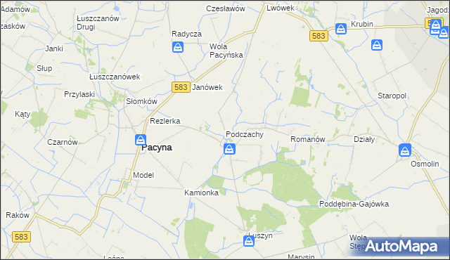 mapa Podczachy gmina Pacyna, Podczachy gmina Pacyna na mapie Targeo