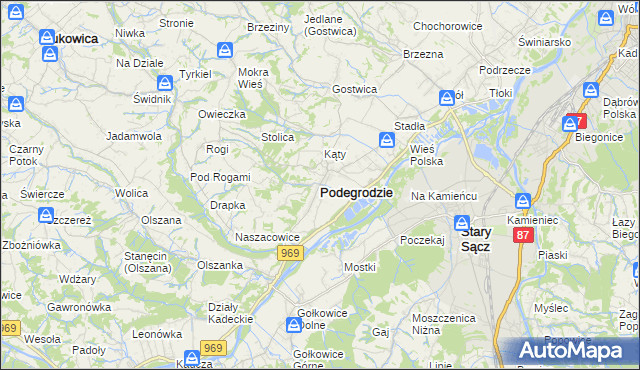 mapa Podegrodzie powiat nowosądecki, Podegrodzie powiat nowosądecki na mapie Targeo