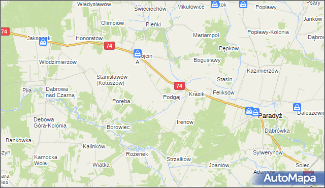 mapa Podgaj gmina Paradyż, Podgaj gmina Paradyż na mapie Targeo