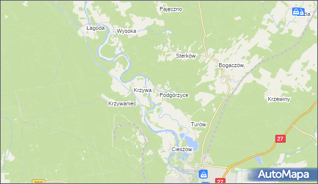 mapa Podgórzyce gmina Nowogród Bobrzański, Podgórzyce gmina Nowogród Bobrzański na mapie Targeo