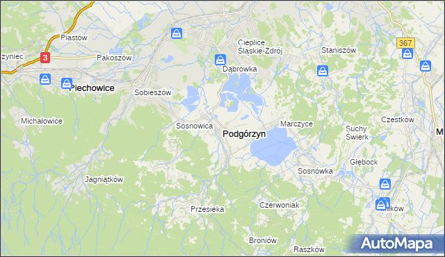 mapa Podgórzyn powiat jeleniogórski, Podgórzyn powiat jeleniogórski na mapie Targeo