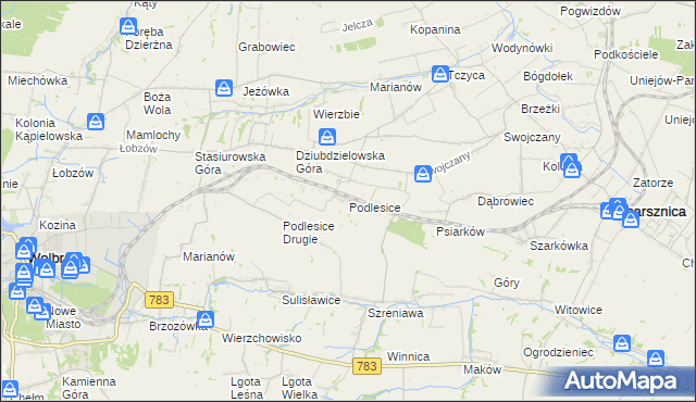 mapa Podlesice gmina Charsznica, Podlesice gmina Charsznica na mapie Targeo