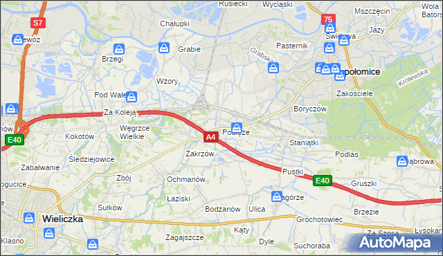 mapa Podłęże gmina Niepołomice, Podłęże gmina Niepołomice na mapie Targeo